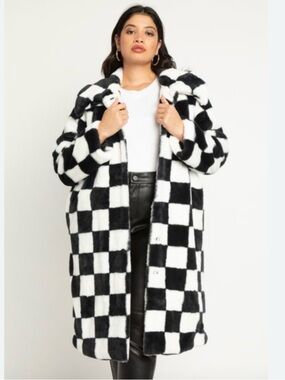 Eloquii Black and White Checkerboard Cruella De Vil Style Faux Fur Jacket